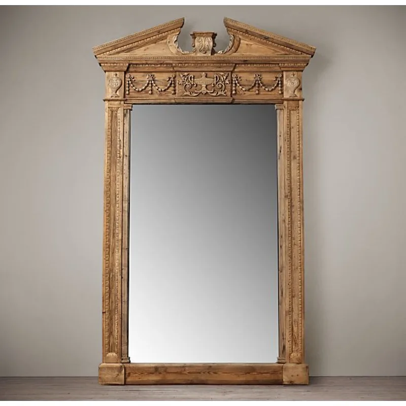 French rural retro solid wood oak carved full-body full-length mirror home floor mirror