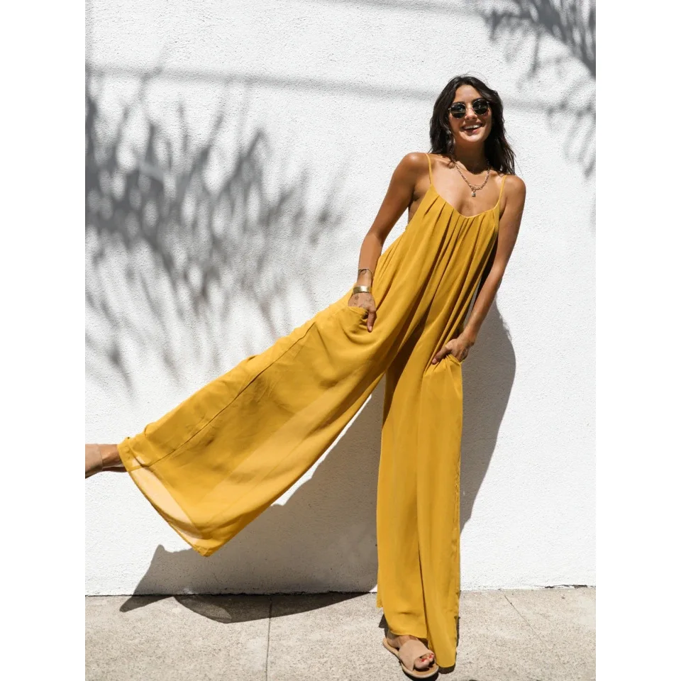 BKLD Solid Color 2024 Summer New Sexy V-Neck Spaghetti Strap Loose Jumpsuit Casual Vacation Outfis For Women One Pieces