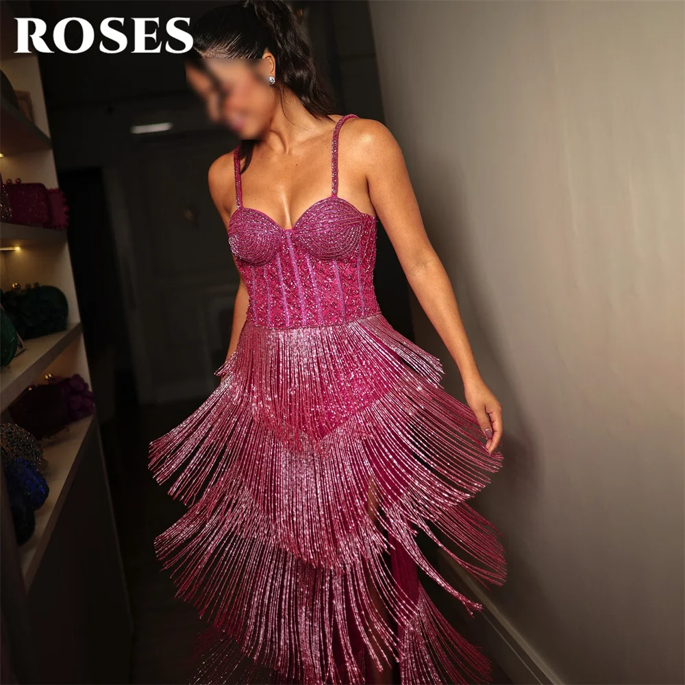 ROSES Plum Sequin Evening Dress Spaghetti Strap Party Dress Straight Layered Tassel vestidos de fiesta Prom Gowns Customized