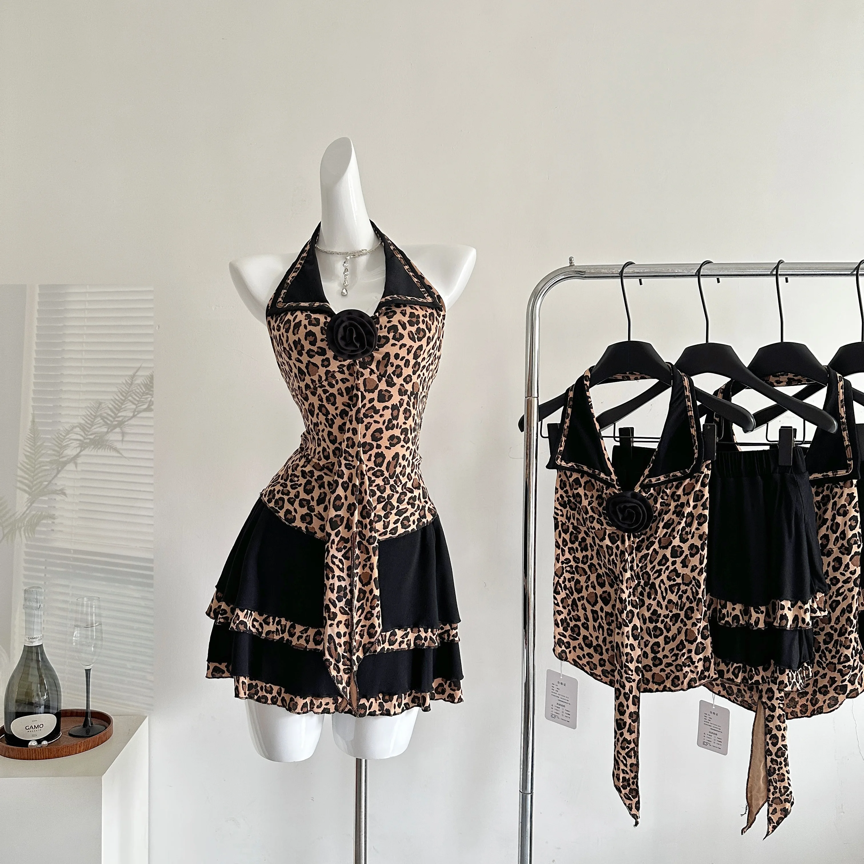 

2025 Summer Women Y2k Idols Rave Vacation Coquette 2000s Grunge Gyaru Leopard Print Outfits 2 Piece Set Tank Tops + Mini Skirt