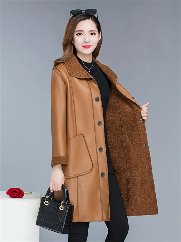 Winter Jacket Women Brown  Doll Collar 2023 Autumn New Korean Fashion Slim Add Velvet Long Faux Leather Coat Female