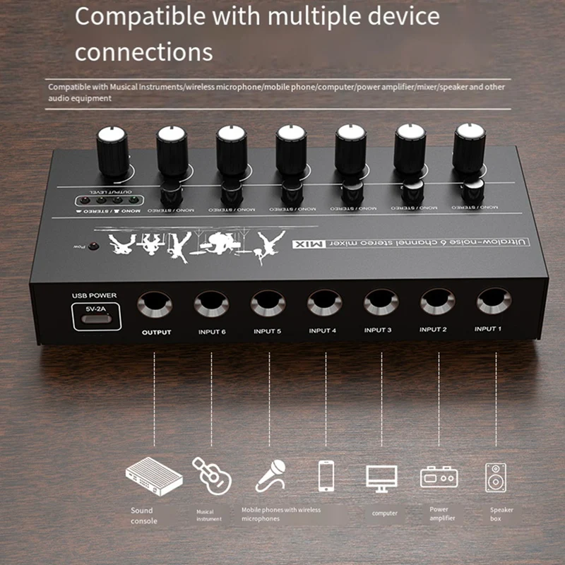 6-Channel Audio Mixer Ultra Low Noise Line Mixer Easy Operation Stereo Mixer For Guitars Bass Keyboards And Stage Mixing