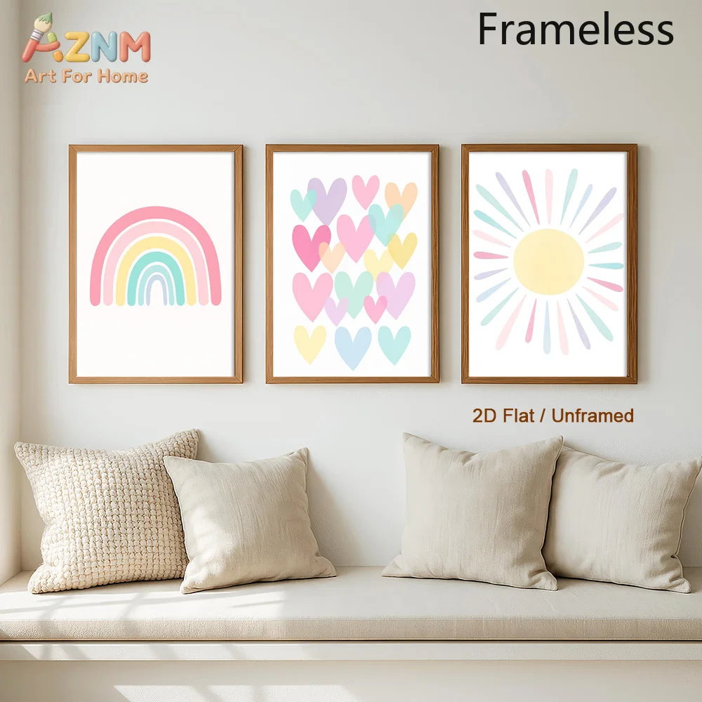 1pc/3pcs Pastel Rainbow Wall Arts Heart Design Canvas Prints Cheerful Vibes Artwork Gentle Color Wall Decor