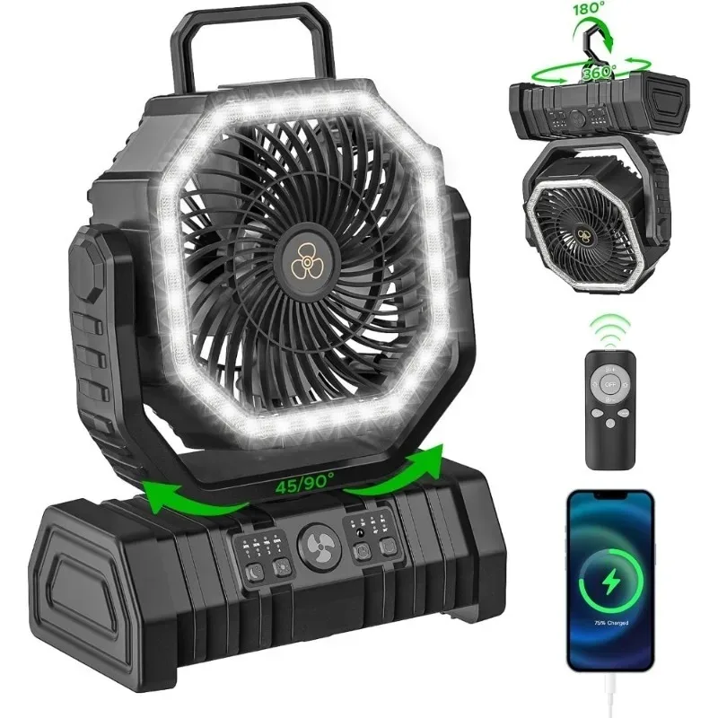 

Rechargeable Camping Fan with LED Lantern 20000mAh Auto Oscillating Battery Operated Desk Fan Remote Hook 8 inch Portable Fan