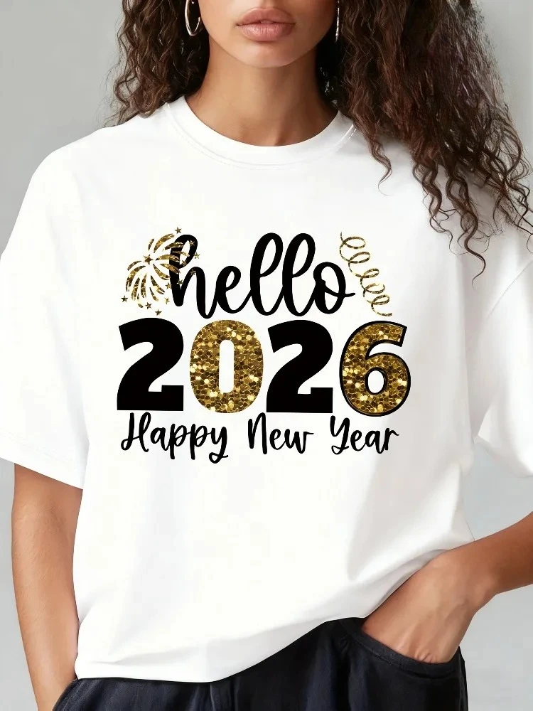 

Women's 2026 Hello Parttern Printed T-Shirt Happy New Year 2026 Design Short Sleeve Casual Crew Neck T-Shirt New Year's Clothing
