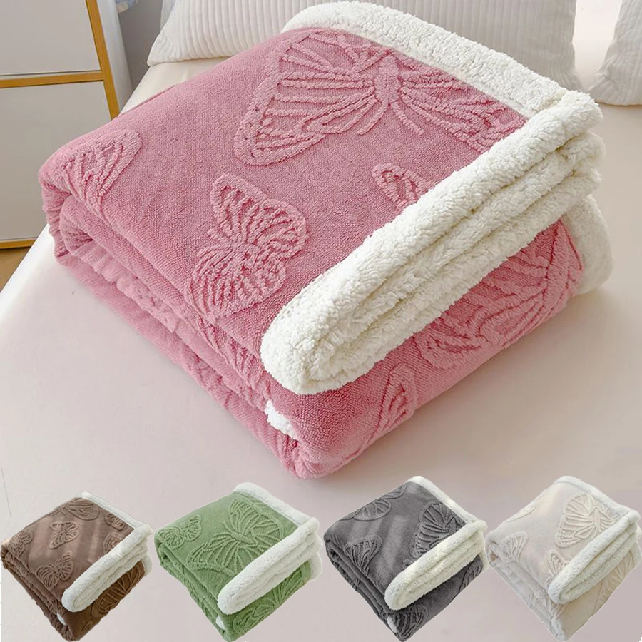 

WOSTAR Soft warm coral fleece blanket pink butterfly jacquard winter thermal sofa throw thick bed blanket nap knee small quilts