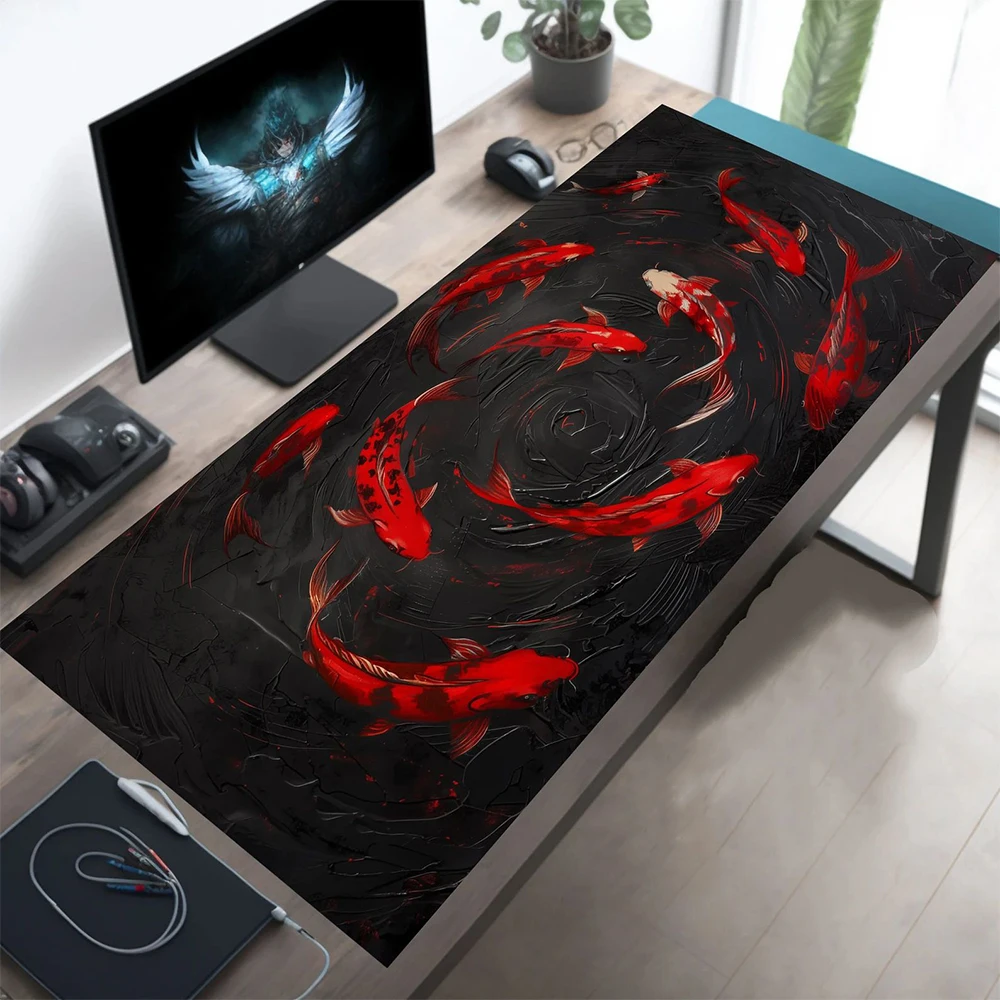 Red Koi Fish on Black Mause Pad Textured Background Extended Desk Pad Mousepad XxL, Oversized Giant Desk Mat, Round Mousemat