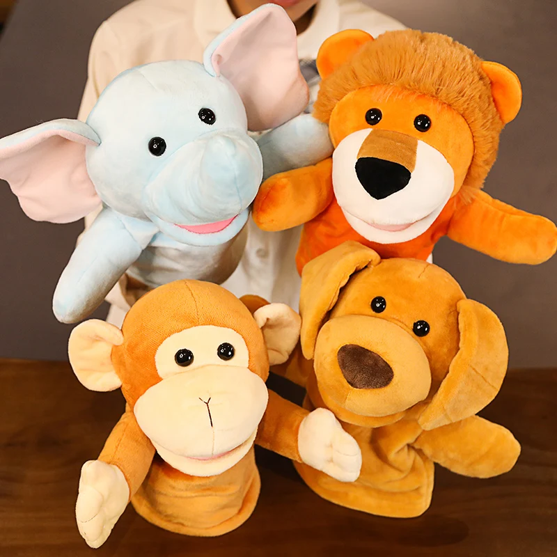 25cm Kawaii Animal Elephant Monkey Lion Dog Stuffed Plush Hand Puppets Educational Toys For Family Playgame Time Doll