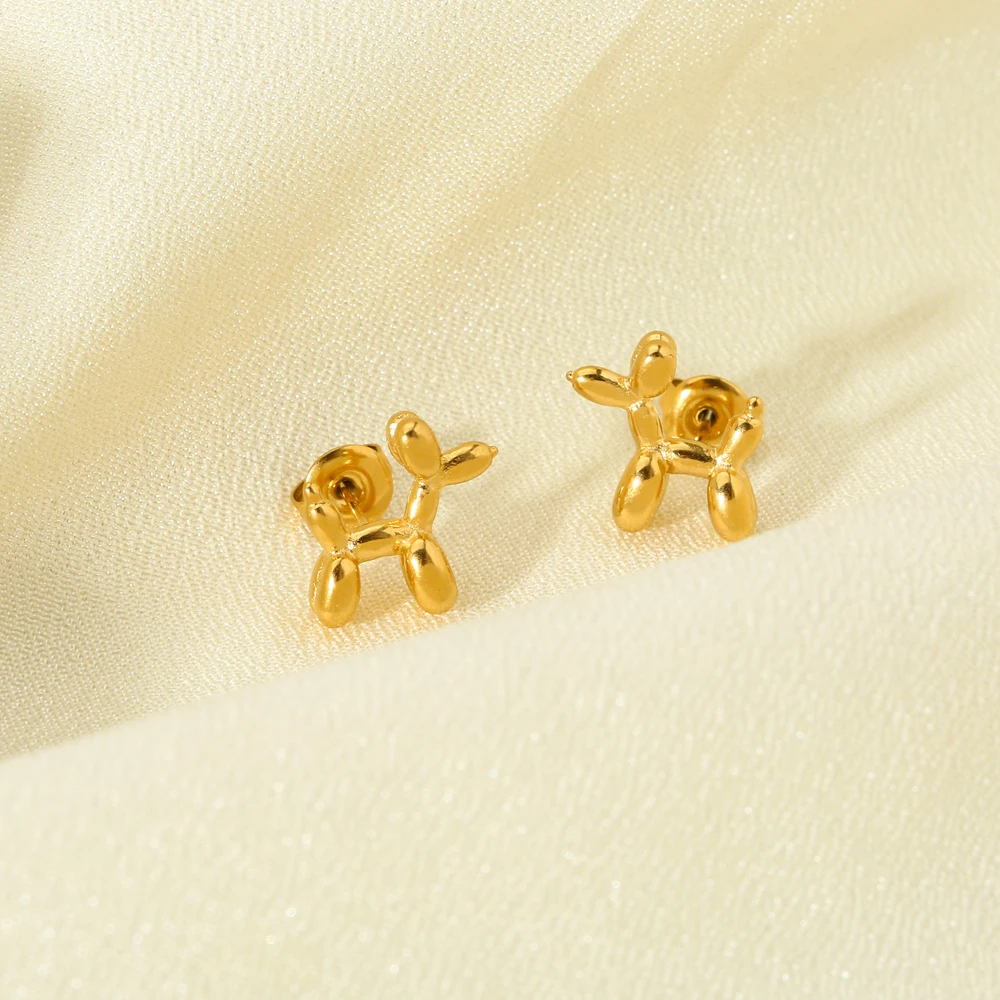 Korean Style 18K Gold Plated Stainless Steel Poodle Balloon Dog Stud Earrings for Girls Cute Dog Animal Post Earring Jewelry