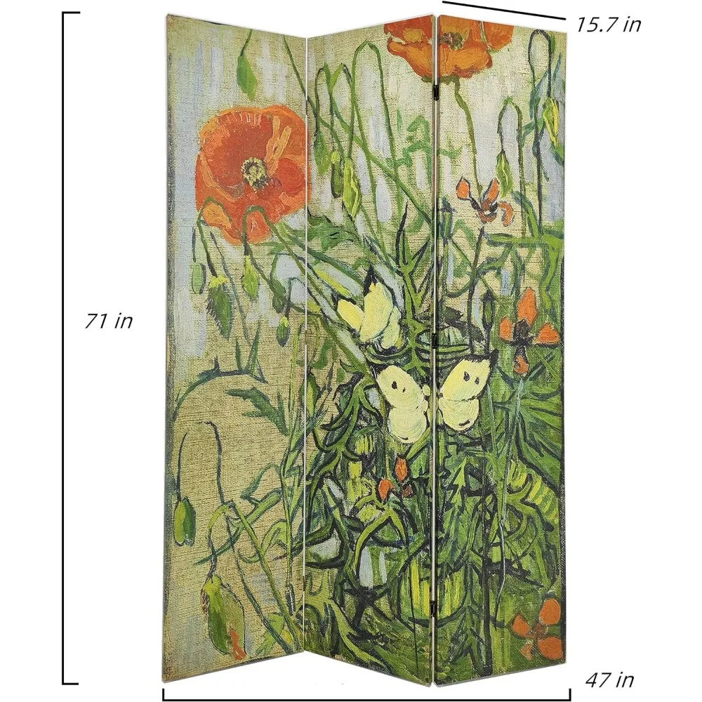 Room Divider, Wood Privacy Screens, Poppies Painting Canvas,  71'' High, 3-Panel Foldable Portable Separating Divider