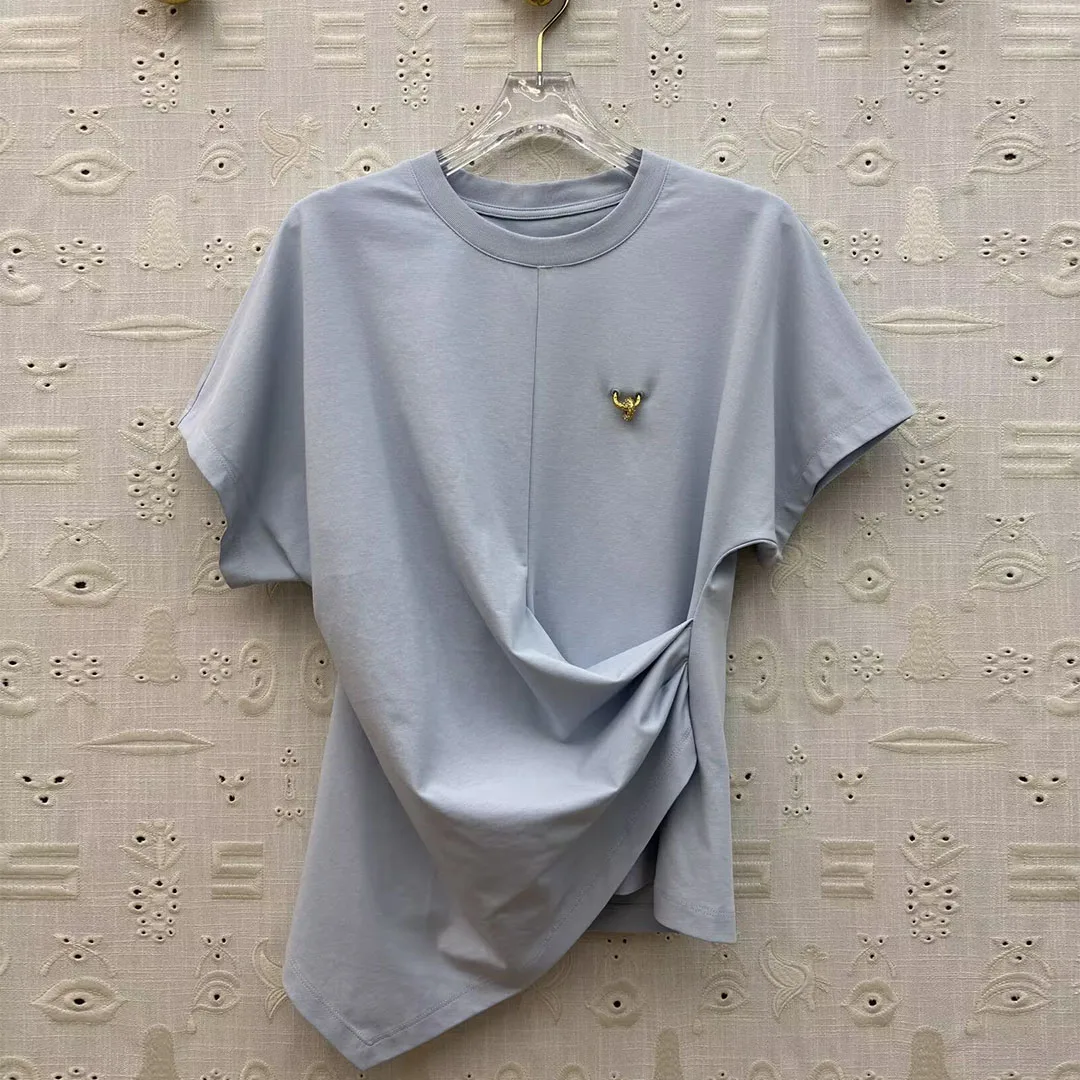2026 New Summer Fashion Solid Color Tops Women O-neck Short Sleeve Pleated Gold Button Decoration Casual Cute T-shirt
