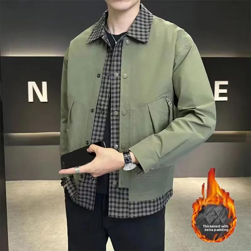 

Мужская хлопковая клетчатая куртка Thiened с отложным воротником, свободная рабочая одежда, осень-зима, новая модная лоскутная верхняя одежда