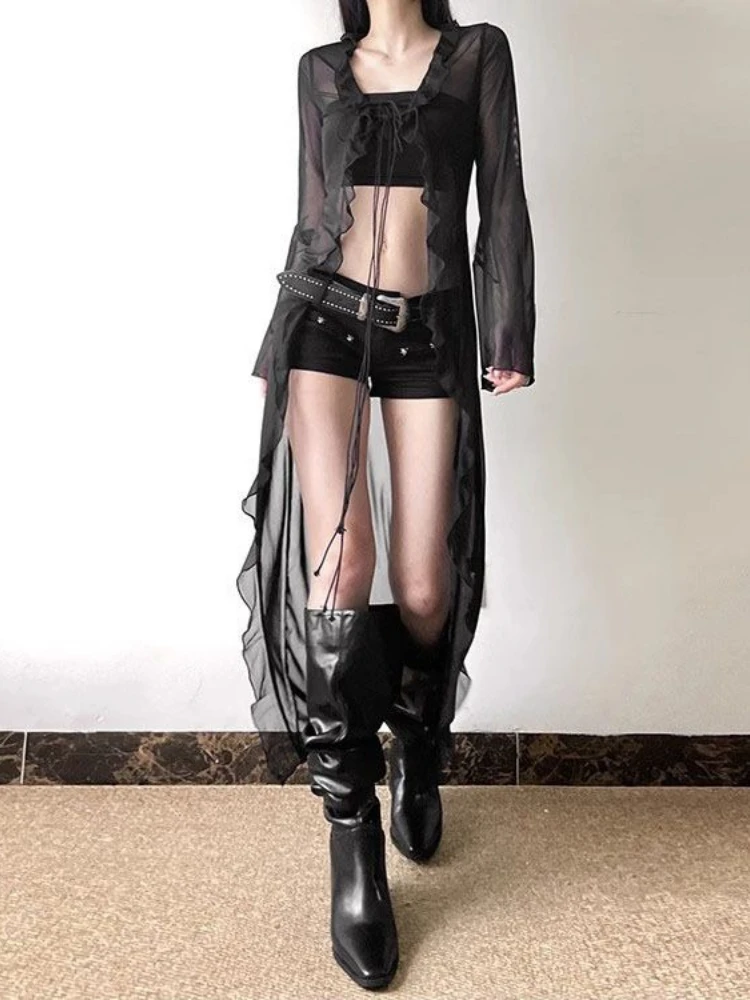 

Y2k Эстетика с рюшами и повязками, летняя рубашка в стиле гранж, однотонные прозрачные блузки, фея, Harajuku, одежда в стиле гранж, Blusas