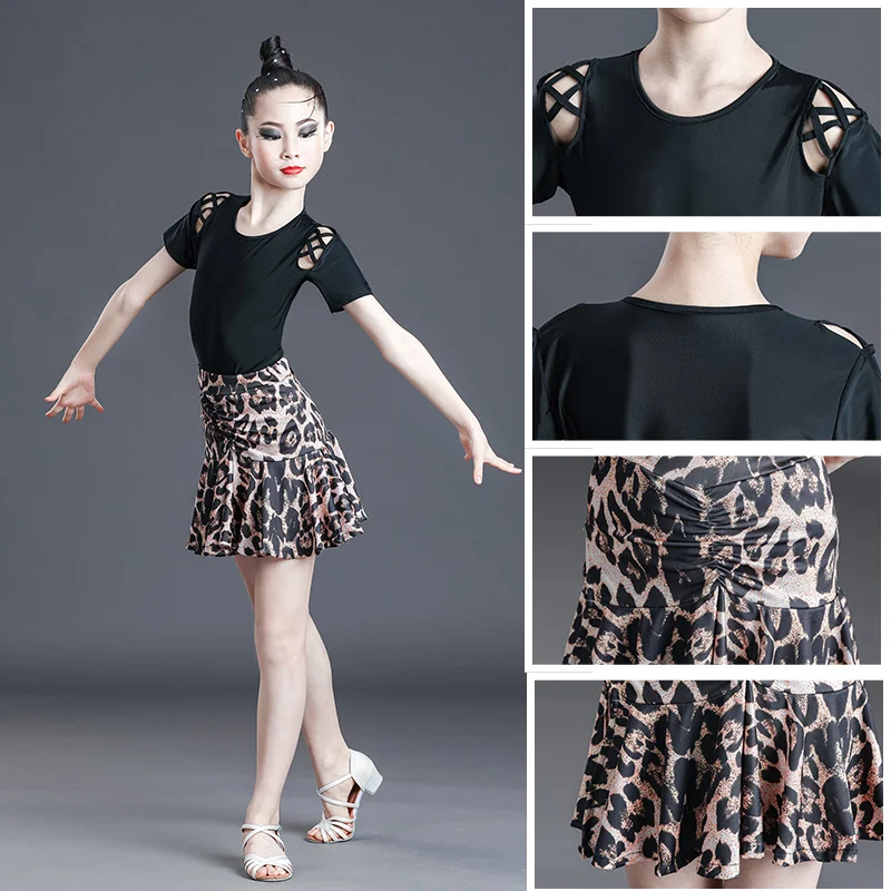 Vestido de baile latino de salón profesional para niños, vestidos de baile de salón para niños, falda superior con estampado de leopardo, Samba y Tango