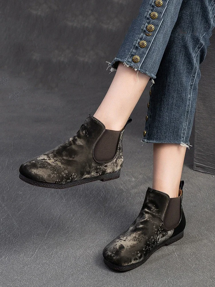 Birkuir Retro Silk Chelsea Boots For Women Flowers Design Ankle Boots Soft Soles Short Boots Luxury Flats Heel Shoes For Ladies