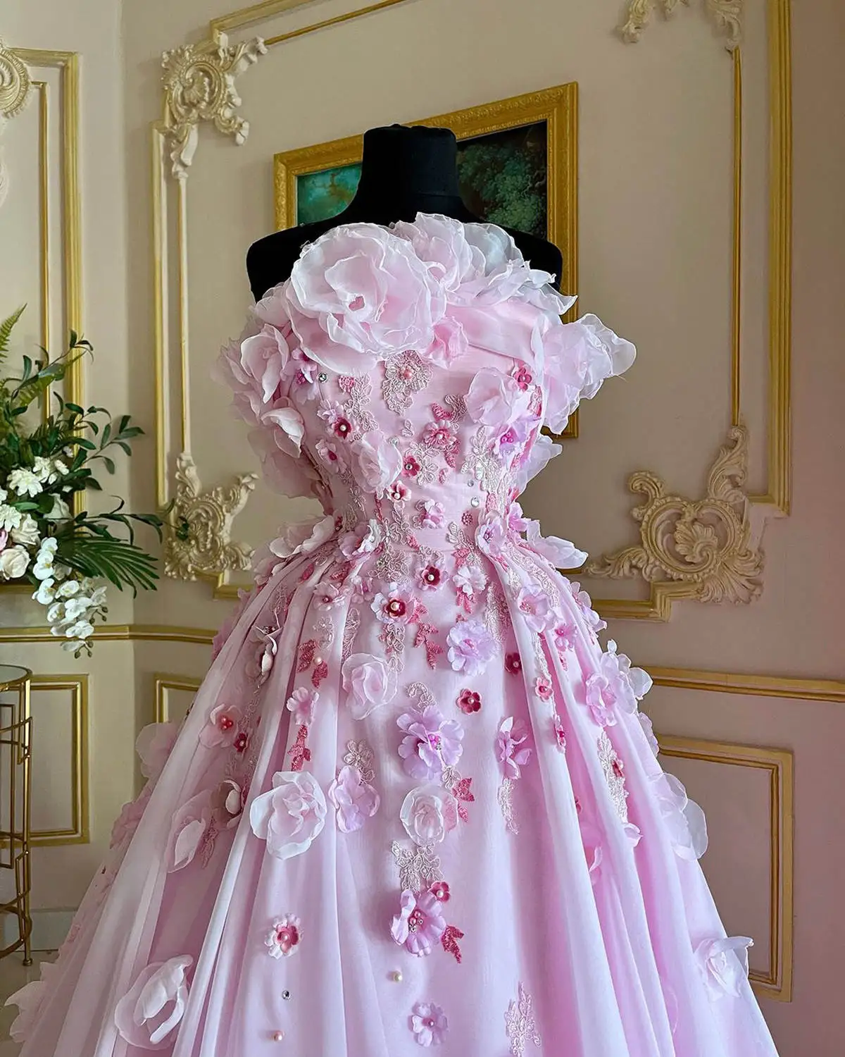 Pink Prom Gowns 3D Appliques Beaded Crystal Birthday Evening Dresses Dress Hand Made Flowers Robe De Bal