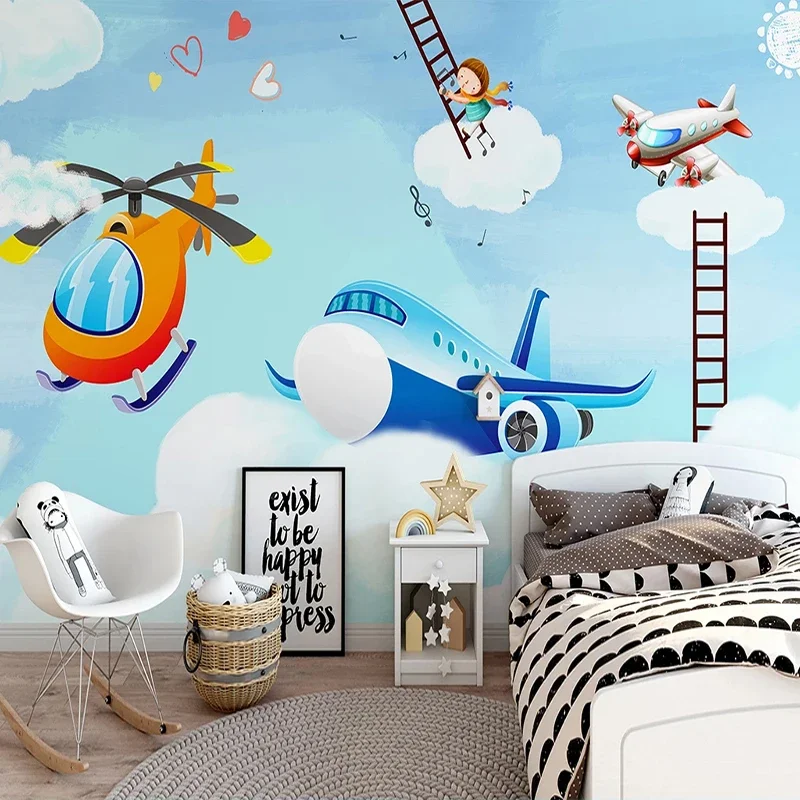 Custom 3 D Photo Mural Wallpaper Blue Sky White Clouds Cartoon Airplane Children Room Boys Bedroom Wall Covering Papel De Parede