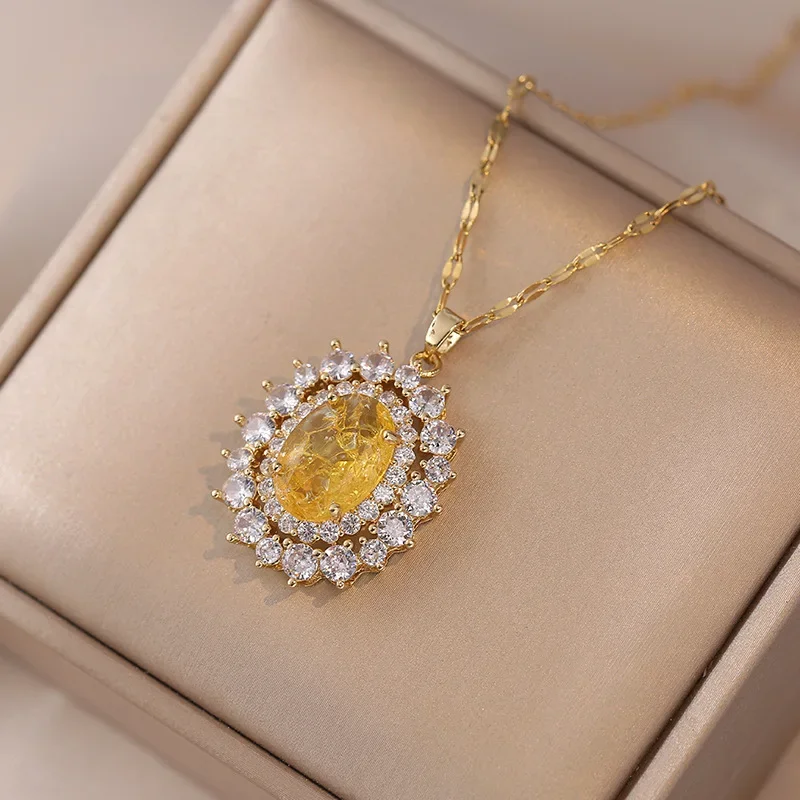 316L Stainless Steel Chian Oval Circular Micro Inlaid Zircon Pendant Woman Necklace Vintage Jewelry image 4