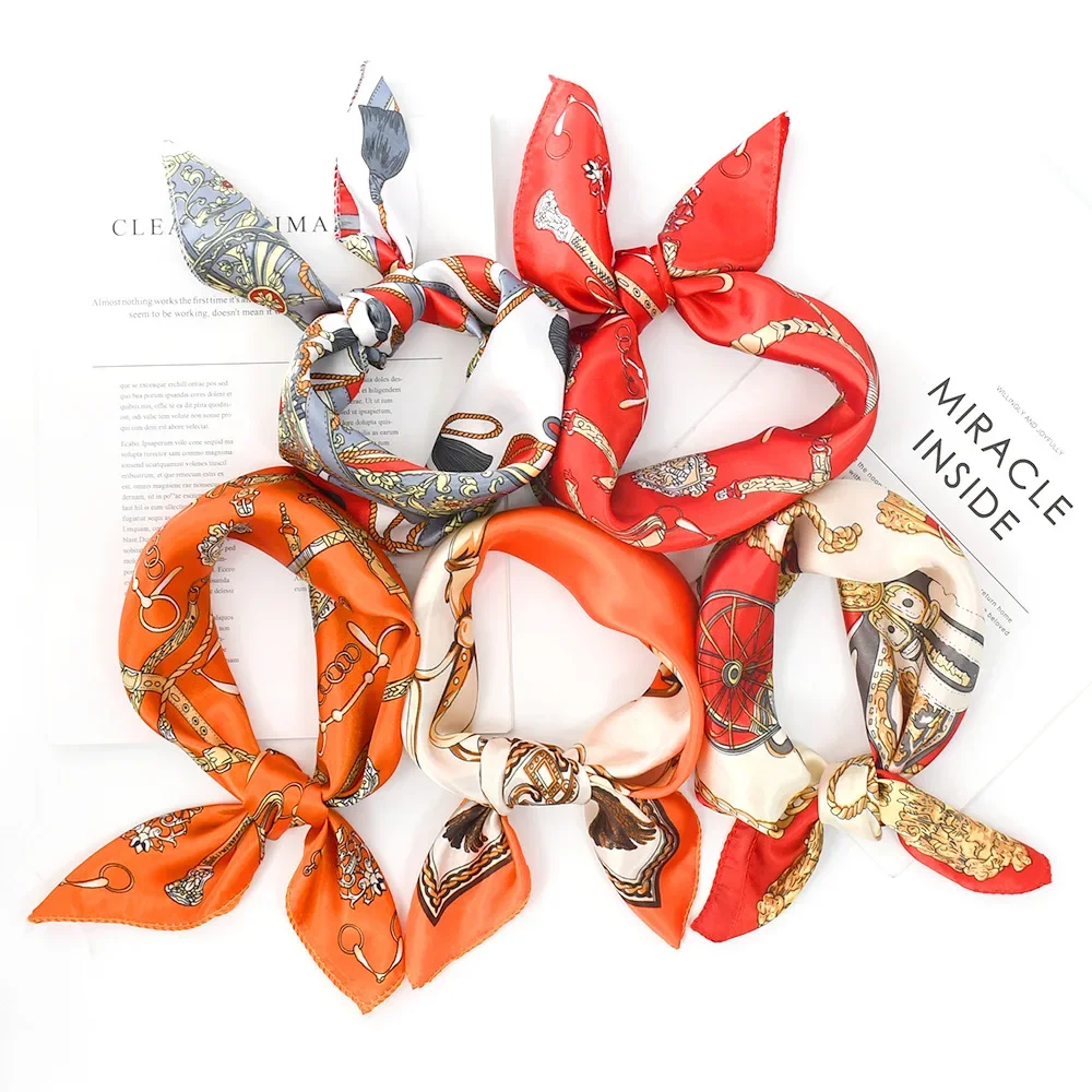 

Luxury Satin Scarf with Chain & Multi-Floral Pattern Silky Touch 50x50cm Elegant Fashion Accessory