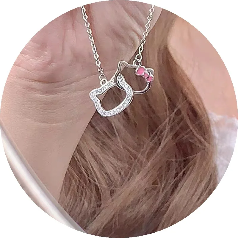 Sanrio Hello Kitty Diamond Necklace Double Ring Clavicle Chain for Women Fashion Jewelry Cute Cat Head Pendant Necklace