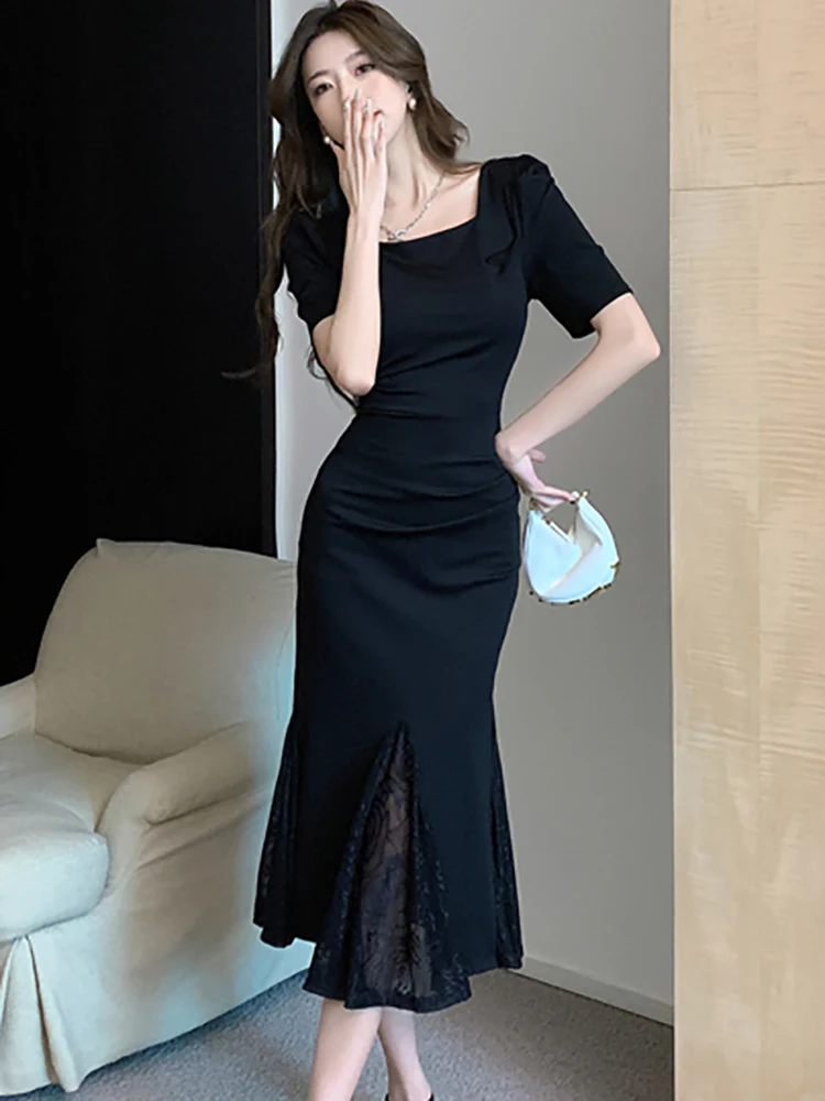 Summer Black Short Sleeve Elegant Slit Mesh Long Dress Women Korean Vintage Elegant Ruffled Dress 2024 Fashion Chic Hepburn Robe