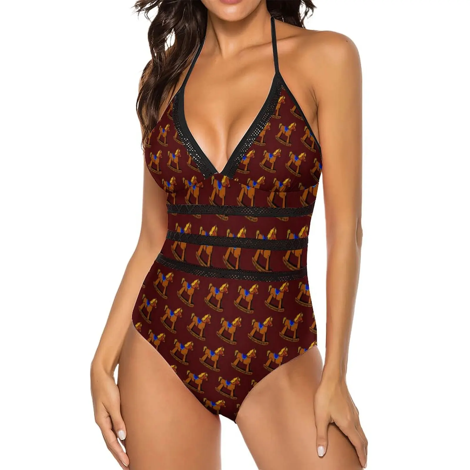 Christmas Rocking Horse Swimsuit Animal Print Push Up Swimwear One-Piece High Cut Monokini Sexy Colorful Bodysuit Large Size