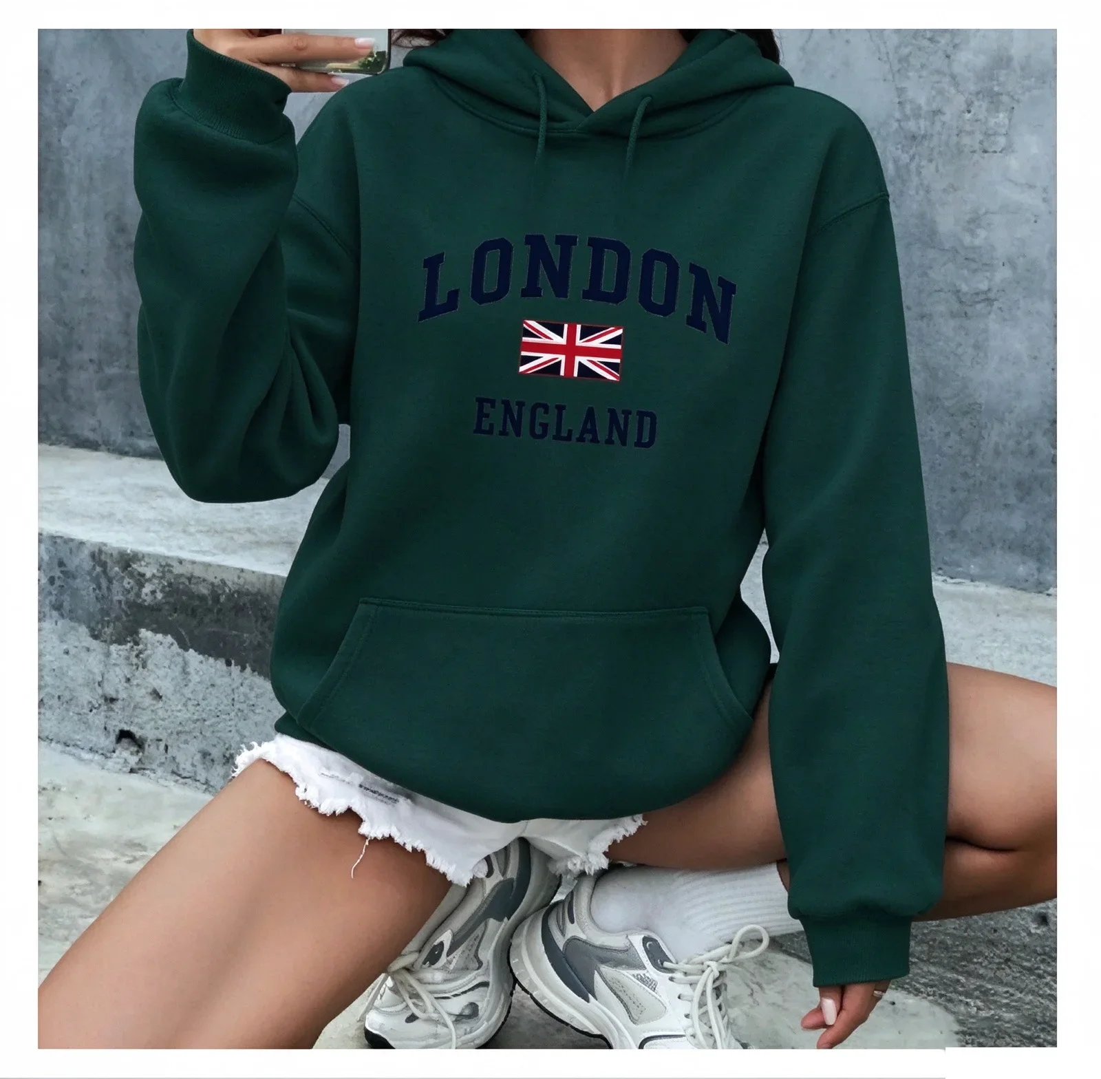 High Quality Women's Autumn and Winter Casual Fashion Loose London England Print Hooded Drawstring Long Sleeved Warm Pullover