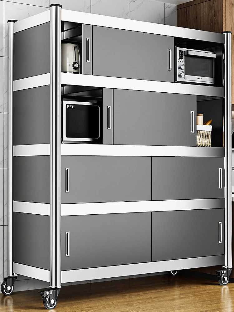 Stainless steel kitchen rack floor-to-ceiling multi-layer pots and pans microwave oven storage household cabinets
