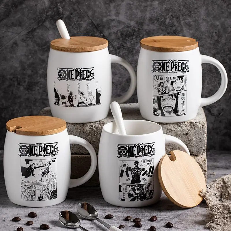 Anime One Piece Ceramic Cup Cosplay Mug Water Cup Creative Luffy Zoro Ceramic Cup Bamboo Cup Lid with A Spoon Coffee Cup Parties