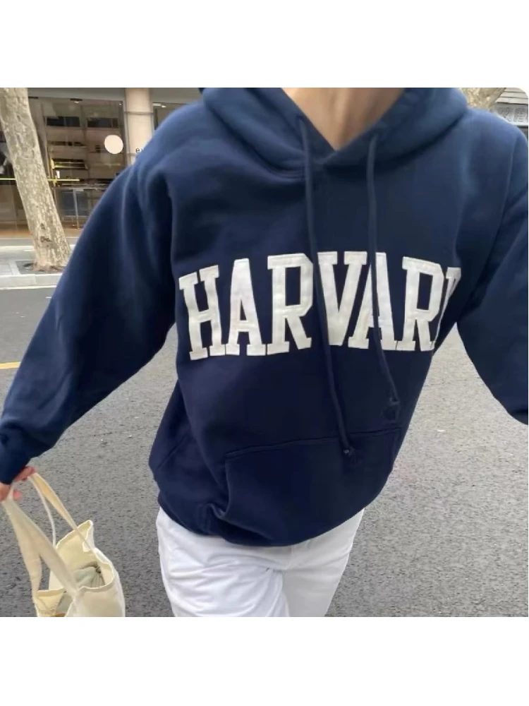 Casual Women Cotton Navy HARVARD Embroidered Hoodies 2023 Fall Vintage Long Sleeves Sweatshirts Female Loose Pullovers