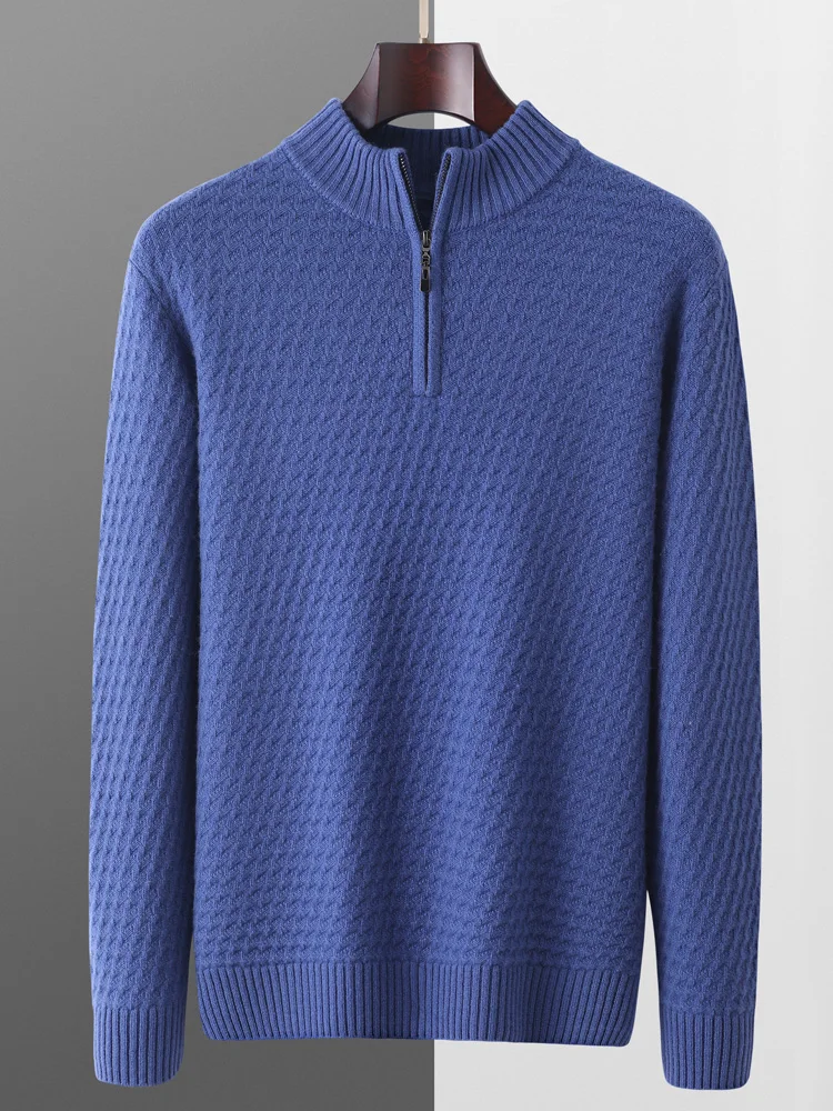 Men's Jacquard  Zipper Pullover Autumn Winter Thick Smart Casual Sweater 100% Merino Wool Knitwear Solid Colo Warm Soft Tops