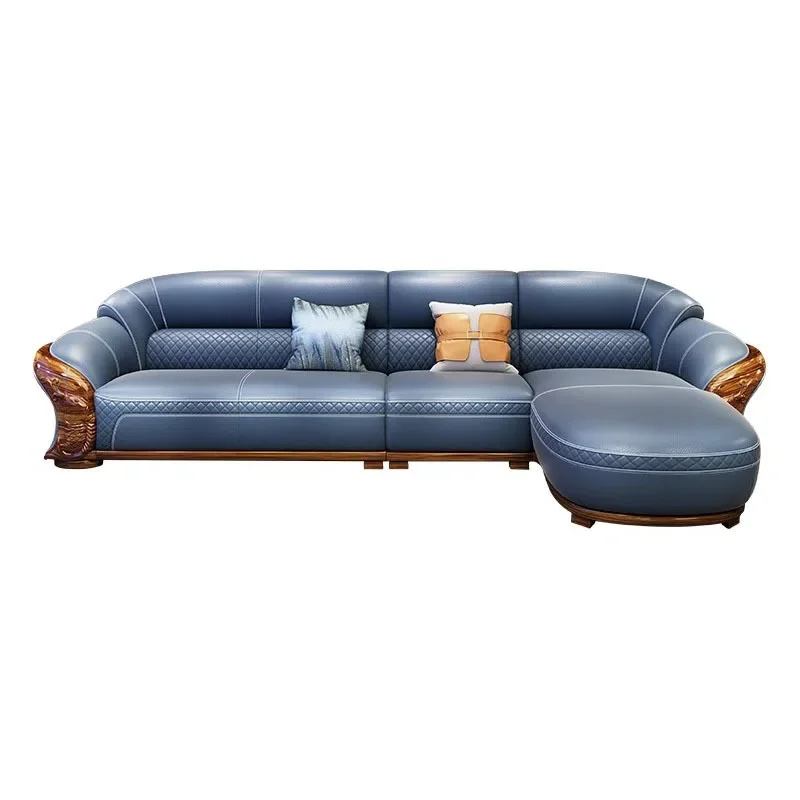 Modern simple new Chinese ebony first layer thick cowhide solid wood corner sofa medium and small apartment living room