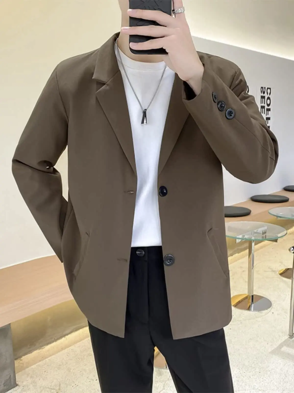 

Spring Autumn Men's Suit Jaet Casual Busin Lightweight Maturi Sle Korean Trendy Ins Faion Stand Fit Long Sve