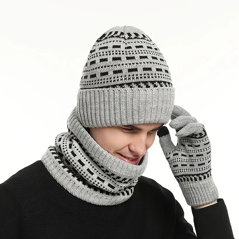 

Mens Knit Set 3Pcs Hat Neck Warmer Gloves Thickened Design Winter Warm For Adult Cold Weather Outdoor Activities