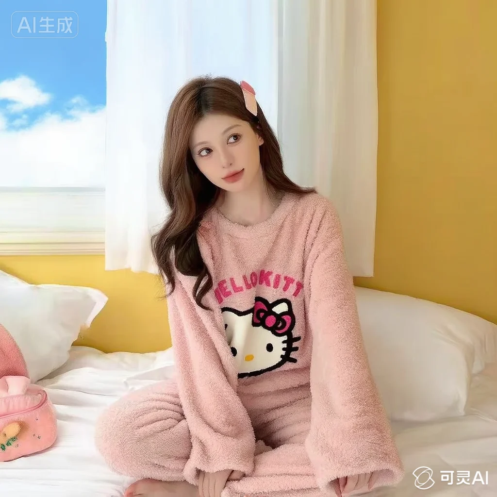 

Пижамы Sanrio Kawaii Hello Kitty, свежий сладкий хорь, осень-зима, оставайтесь в домашнем досуге, можно носить на улице, завинчивающаяся милая девушка