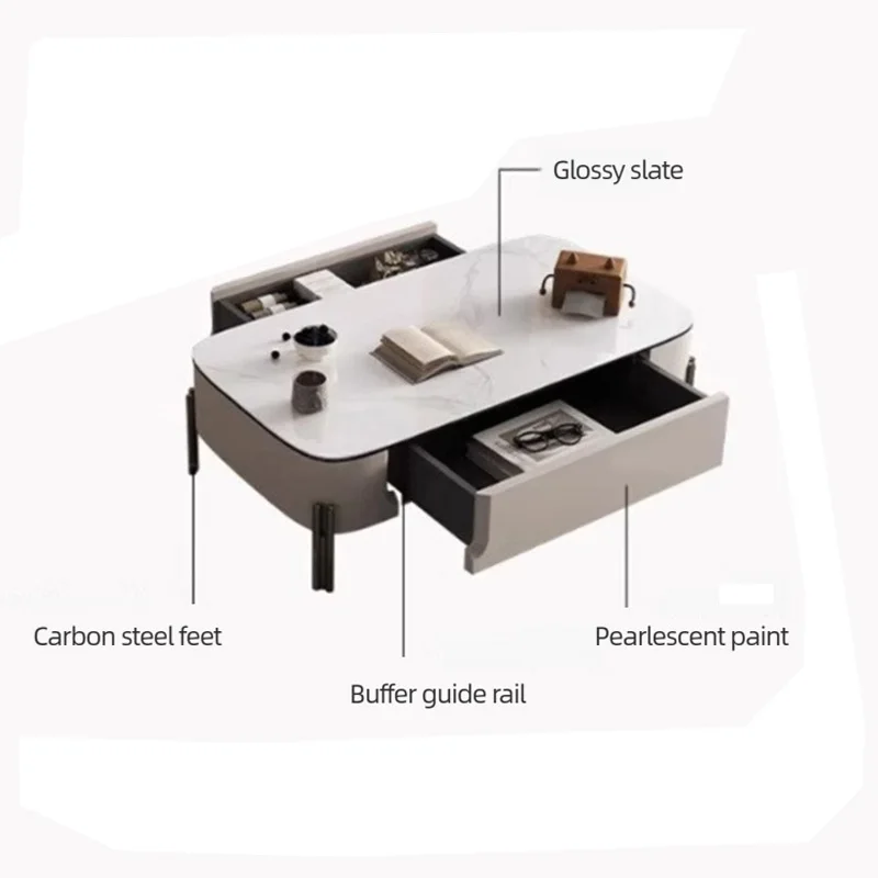 Compact Coffee Table for Living Room White Home Interior Table Modern Minimalist Center Table with Hidden Double Storage Drawers