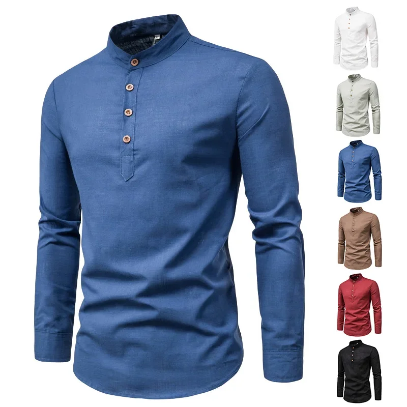 

Cotton Linen Hot Sale Men's Long-Sleeved Shirts Summer Solid Color Stand-Up Collar Casual Beach Style Oversized