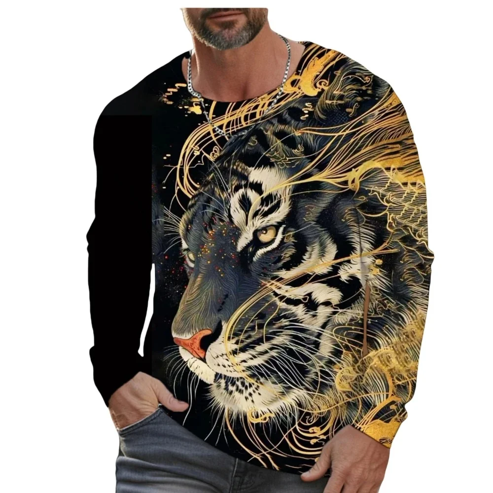 2026 new autumn and winter tiger pattern T-shirt men's long sleeved casual fashion 3D animal pattern top retro men's clothing