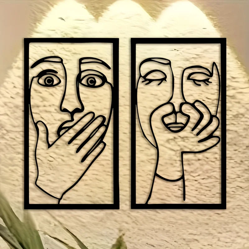 1pc Pair of Two, Humorous Metal Wall Art,  Comical Face Line Art Bathroom Sign, Easy Toilet Wall Decoration