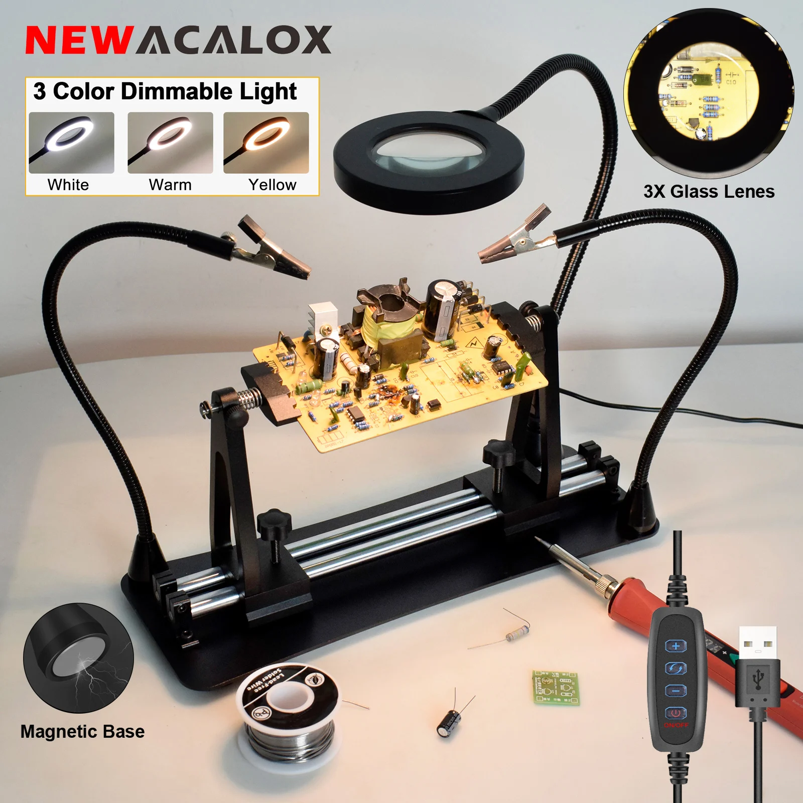NEWACALOX Flipping PCB Holder Helping Hands Soldering Tool with 3X LED Illuminated Magnifier Welding Third Hand Rework Station