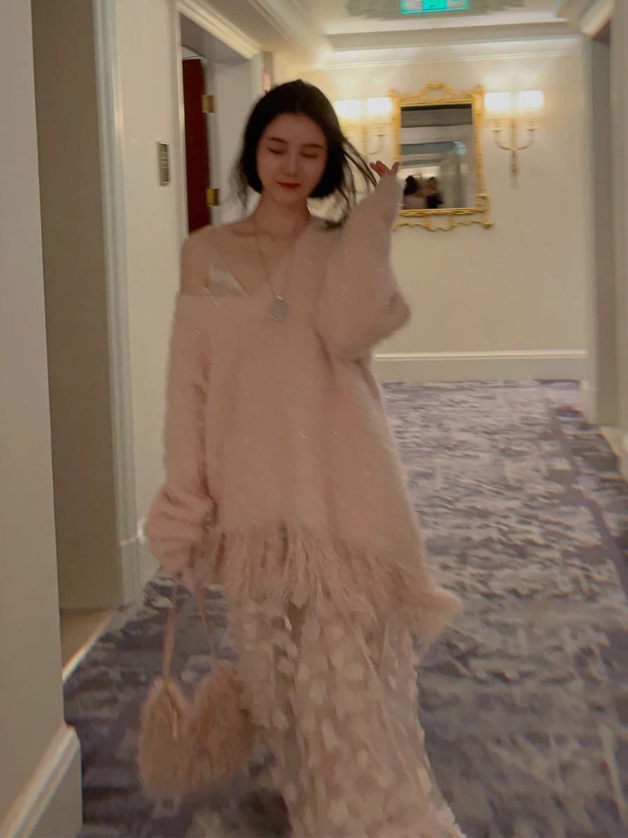 

Yanyan мягкий уютный свободный женский свитер с v-образным вырезом, асимметричный теплый зимний топ с кисточками, удобный ленивый утягивающий зимний топ для женщин