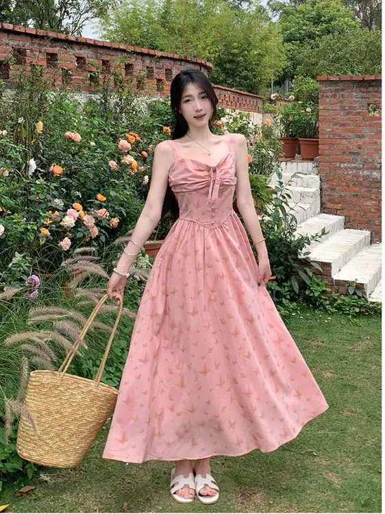 

plus Size Women's Summer New Sle Floral Print ter Dr with Bowknot Waist Cinching Long Dr Soft Pink Color Korean Sle