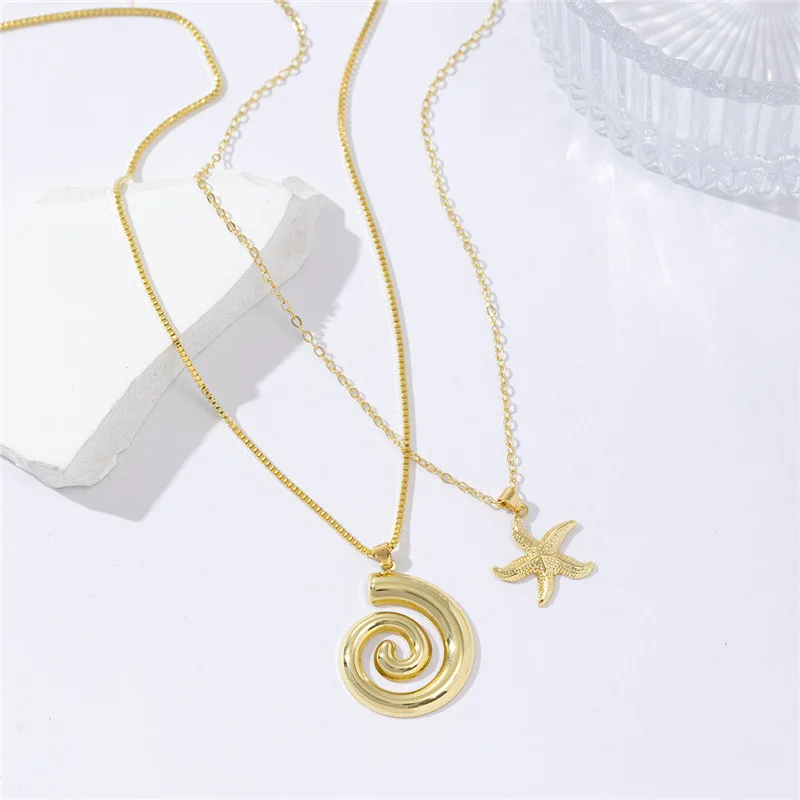 Ocean Series Metal Hollow Vortex Spiral Starfish Pendant Necklace for Women Punk Gold Color Cavicle Chain Jewelry Accessories