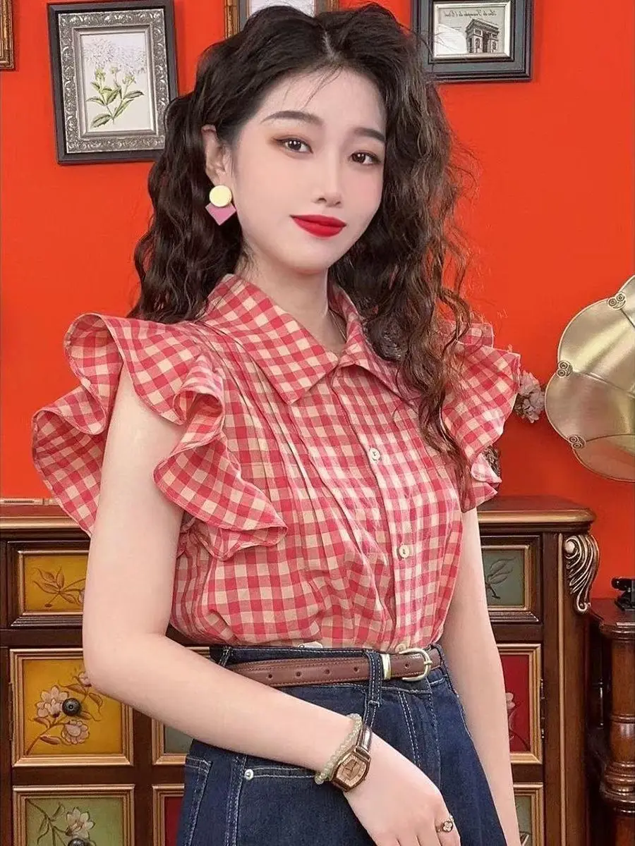 

Рубашка женская в стиле ретро Гонконг, красная в клетку, свободного кроя, летняя, новый дизайн, с флисовыми рукавами, с воротником, повседневная, модная, дышащая, для активного отдыха