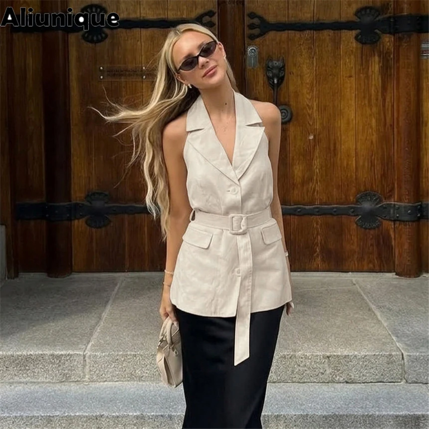 Aliunique 2026 New Women Beige Linen Sleeveless Blazer Vest with Belt Elegant Lapel Waistcoat Casual Office Workwear Tank Tops