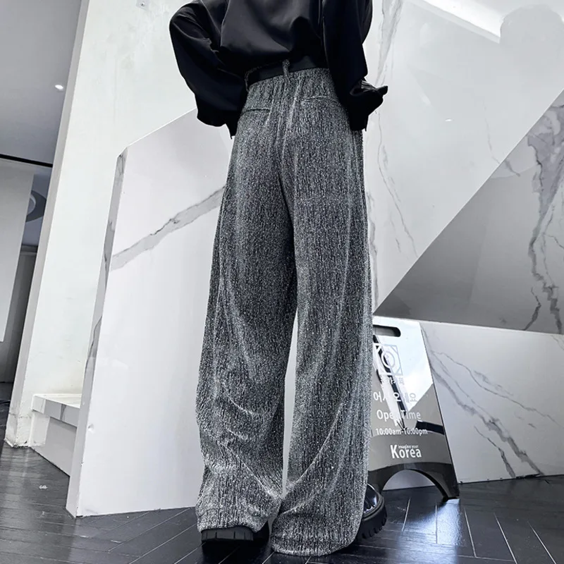 PFNW High Qualtiy Full Diamond-Ironing Design Silver Wide Leg Pants Mens Loose Straight Floor Length Pants Male Trousers 12C1454