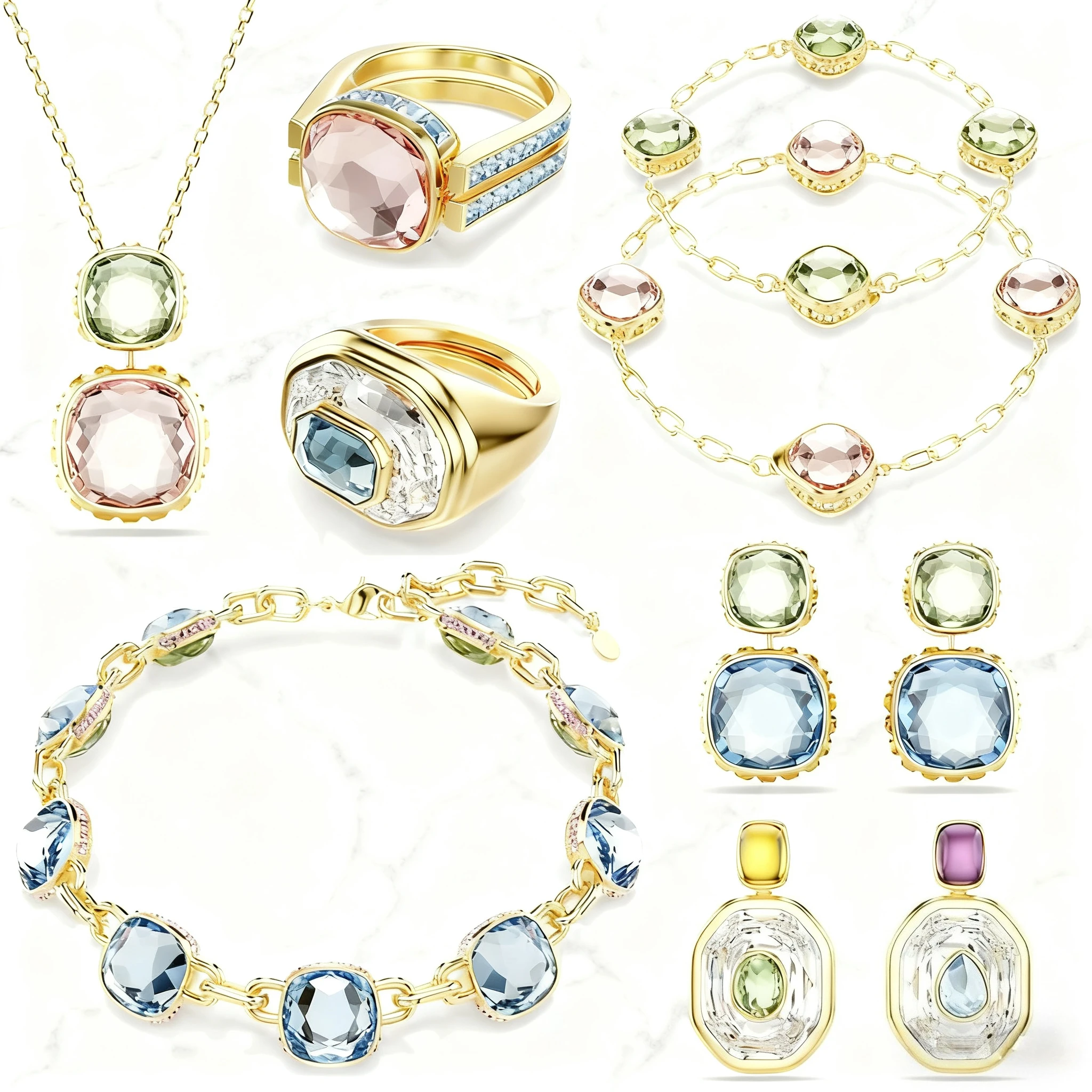 

2025 модные ювелирные изделия, наборы ювелирных украшений для вечеринок, очаровательные зеленые, розовые, синие, с каплями воды, роскошные ожерелья, серьги, кольцо, подарок