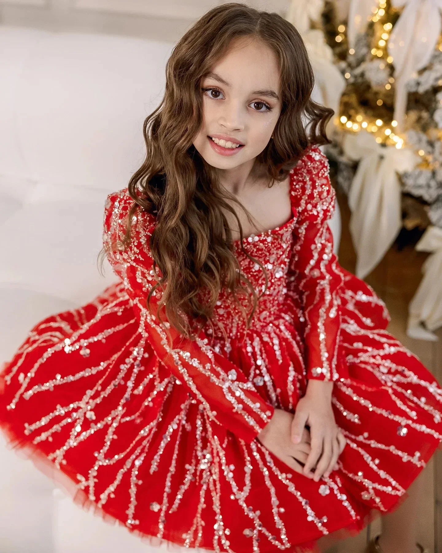 فستان فتاة الزهور مزين بالترتر اللامع للأطفال الصغار باللون الأحمر فستان عيد الميلاد بأكمام طويلة لحفلات الزفاف القصيرة للأطفال #3