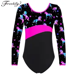 Kids Girls Ballet Dance Leotards Long Sleeve Print Bodysuit Gymnastics Training Catsuit Ballerina Stage Performance Dancewear