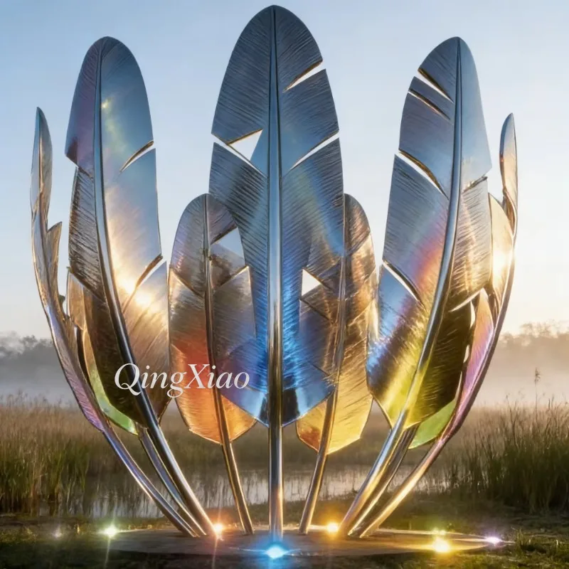 Abstract Polished Stainless Steel Feather Sculpture Large Outdoor Ornament For Garden Mall Park Pedestrian Street Graceful